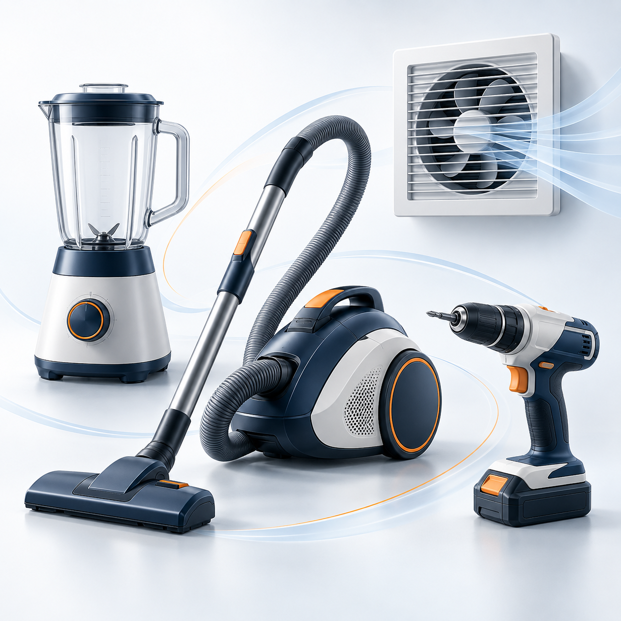 Concept illustration of blender, vacuum cleaner, power tool and ventilation applications for OEM motor solutions